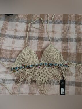 Crochet Fringe Halter Crop Top with Beaded Trim - Cream